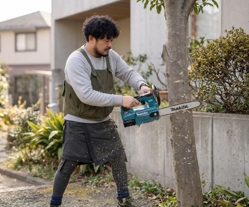 香芝市で植木屋が庭木の伐採作業をしている様子