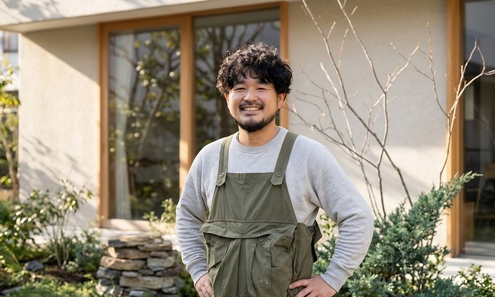 香芝市の植木屋「西岡ガーデン」代表が庭の前で立っている様子