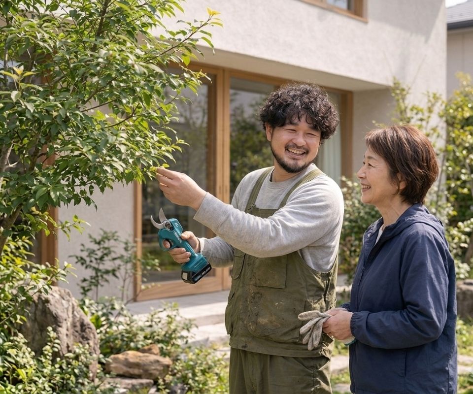 香芝市で植木屋がお客様と庭について相談している様子