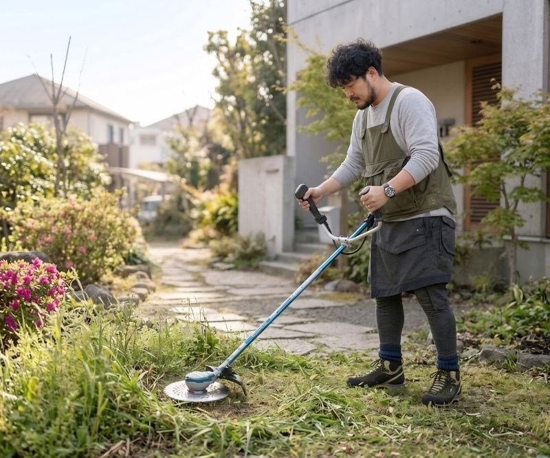 香芝市で植木屋が庭の草刈り作業をしている様子