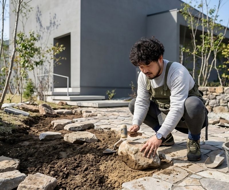 香芝市で植木屋が庭のリフォーム工事を行っている様子