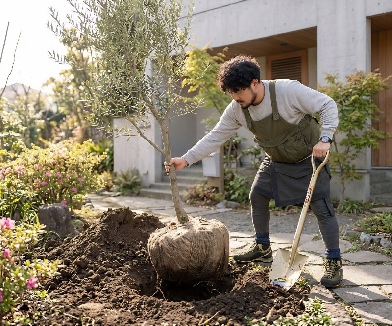 香芝市で植木屋が庭木の植栽作業をしている様子
