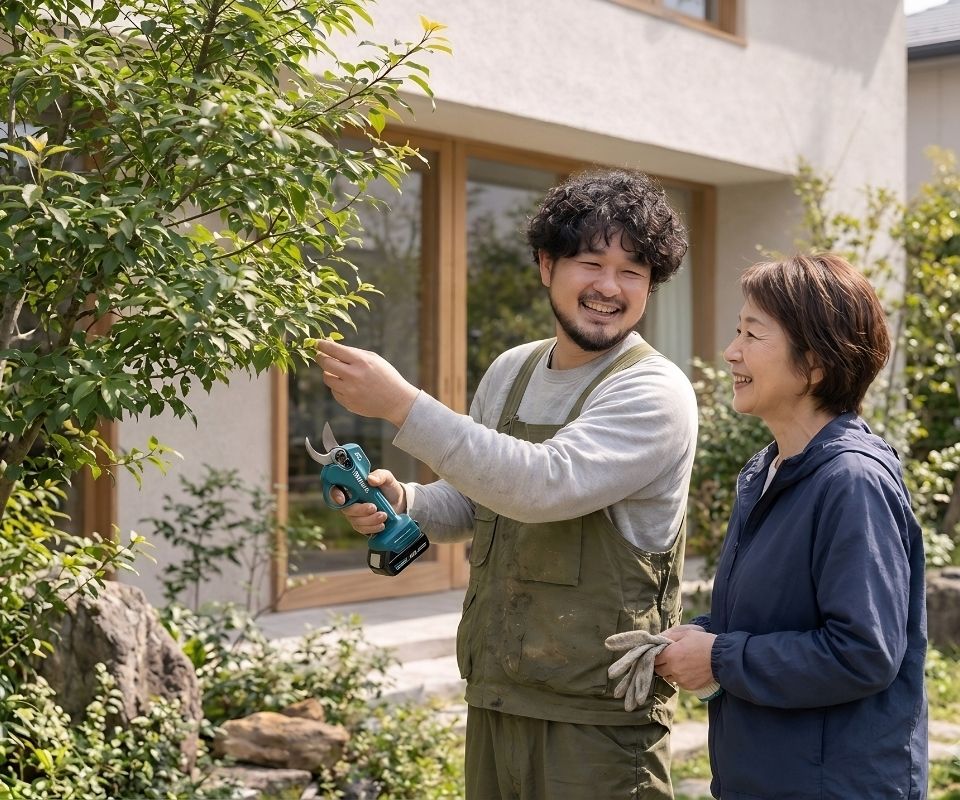 香芝市で植木屋がお客様と庭について相談している様子