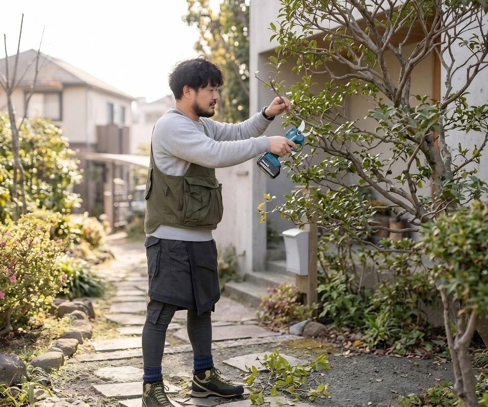 香芝市の個人宅で剪定作業をしているに植木職人の写真