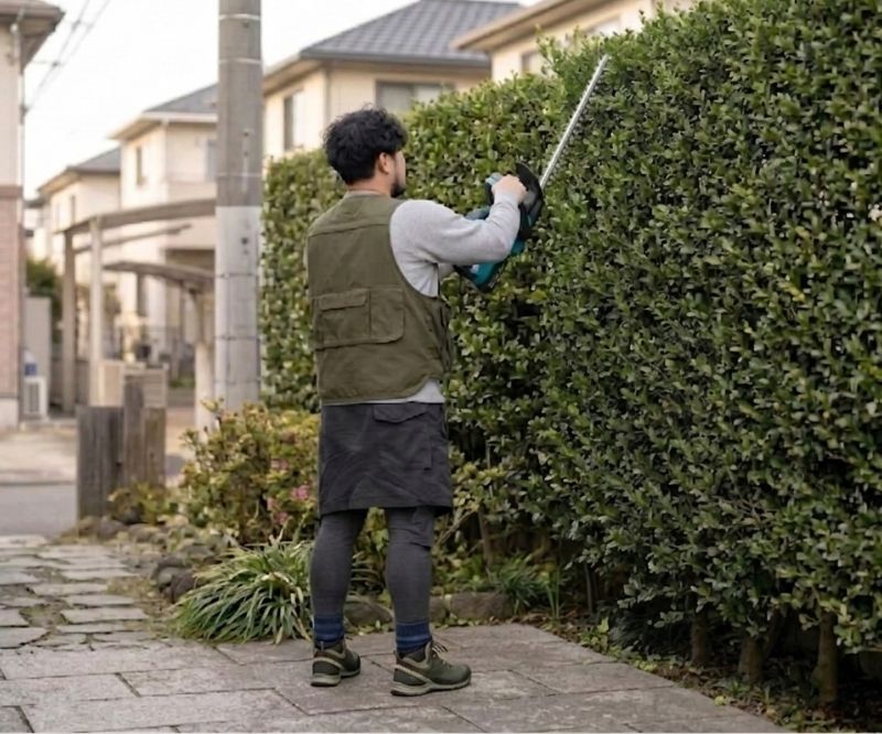 香芝市の個人宅で刈り込み剪定作業をしている植木職人の写真