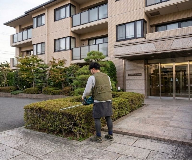 香芝市のマンションで剪定作業をしている植木職人の写真