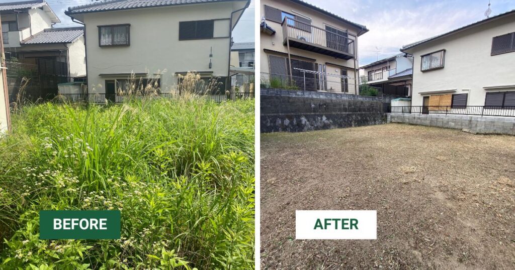 王寺町で庭の草刈りと除草を行ったビフォーアフターの施工事例
